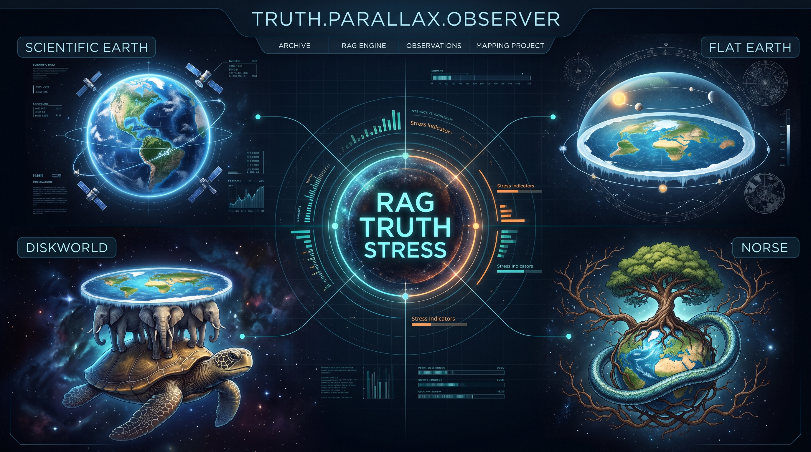 Four observers around a RAG truth stress engine: the scientific Earth, the flat Earth under a dome, the Discworld on the back of a turtle, and the Norse world tree